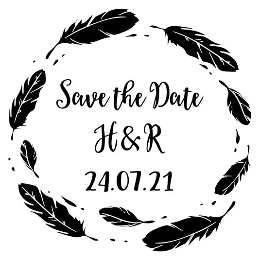 Personalised Laser Rubber Stamps - Save the Date: Feather Wreath