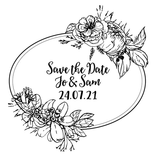 Personalised Laser Rubber Stamps - Save the Date: Flower Oval